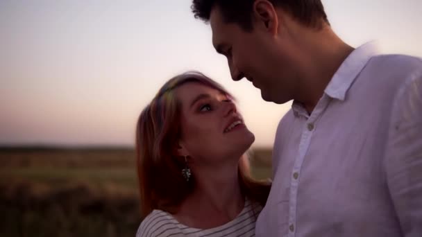 Portrait of kissing and hugging man and woman standing in a field in slow motion — Stock Video