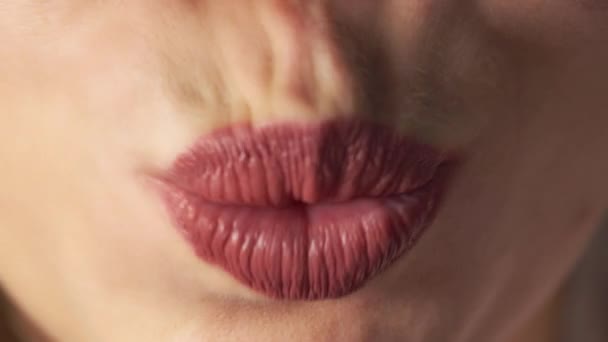 Закройте улыбающийся и жестикулирующий женский рот здоровыми белыми зубами и матовой помадой — стоковое видео