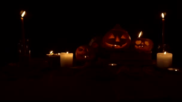 Group of candles burning inside of pumpkins standing at the book — Stock Video