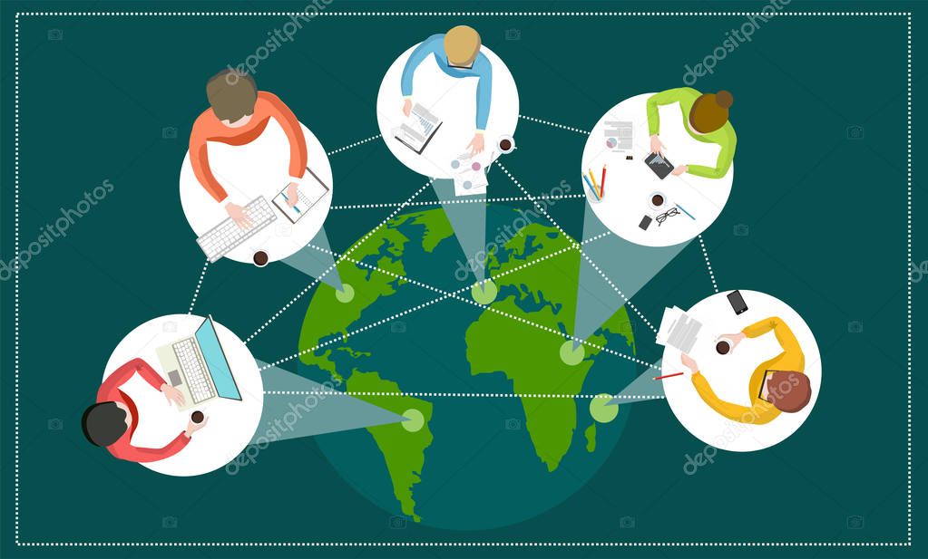 Distance learning or working around the world with students or employees from different countries online courses or work remotely vector illustration