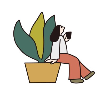 Ev bitkileri olan bir kadının çizgi çizim vektörü