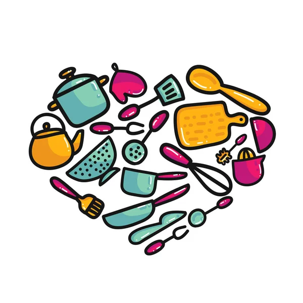 Çizgi film mutfak öğeleri kalp kompozisyon şeklinde doodle