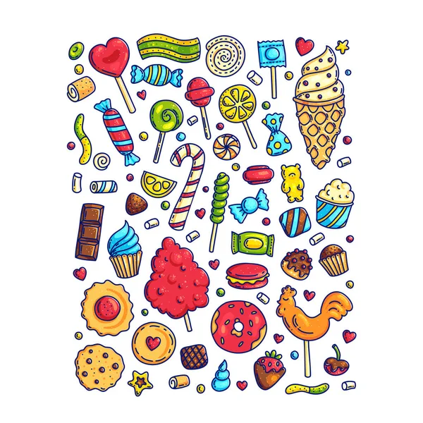 Enorme conjunto de dibujos animados coloridos garabatos forma caramelos y dulces . — Vector de stock