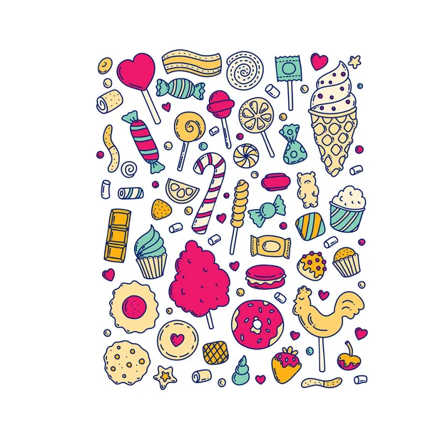 Enorme ensemble de bonbons et de bonbons sous forme de doodle de dessin animé . — Image vectorielle