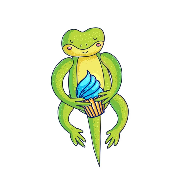 Lindo gecko celebración cupcake — Vector de stock