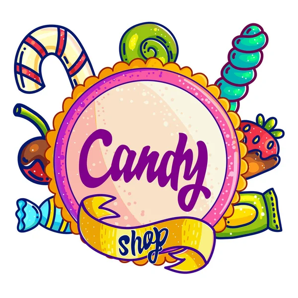 Candy shop hand drawn vector logo design — Stock Vector