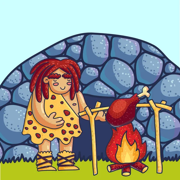 Hombre de las cavernas cocinar carne en el fuego ilustración vector de dibujos animados — Archivo Imágenes Vectoriales
