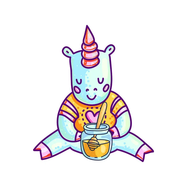 Piccolo unicorno con vaso di miele — Vettoriale Stock