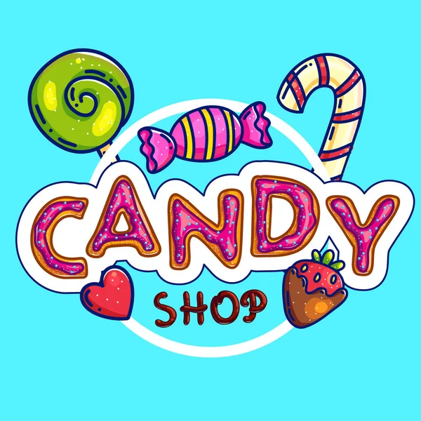 Rótulo de loja de doces colorido no fundo azul — Vetor de Stock