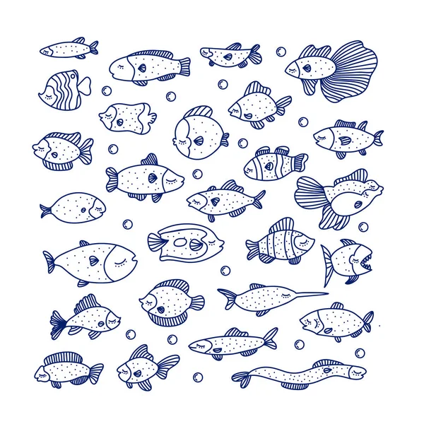 Line swimming marine fish in set — Stock Vector