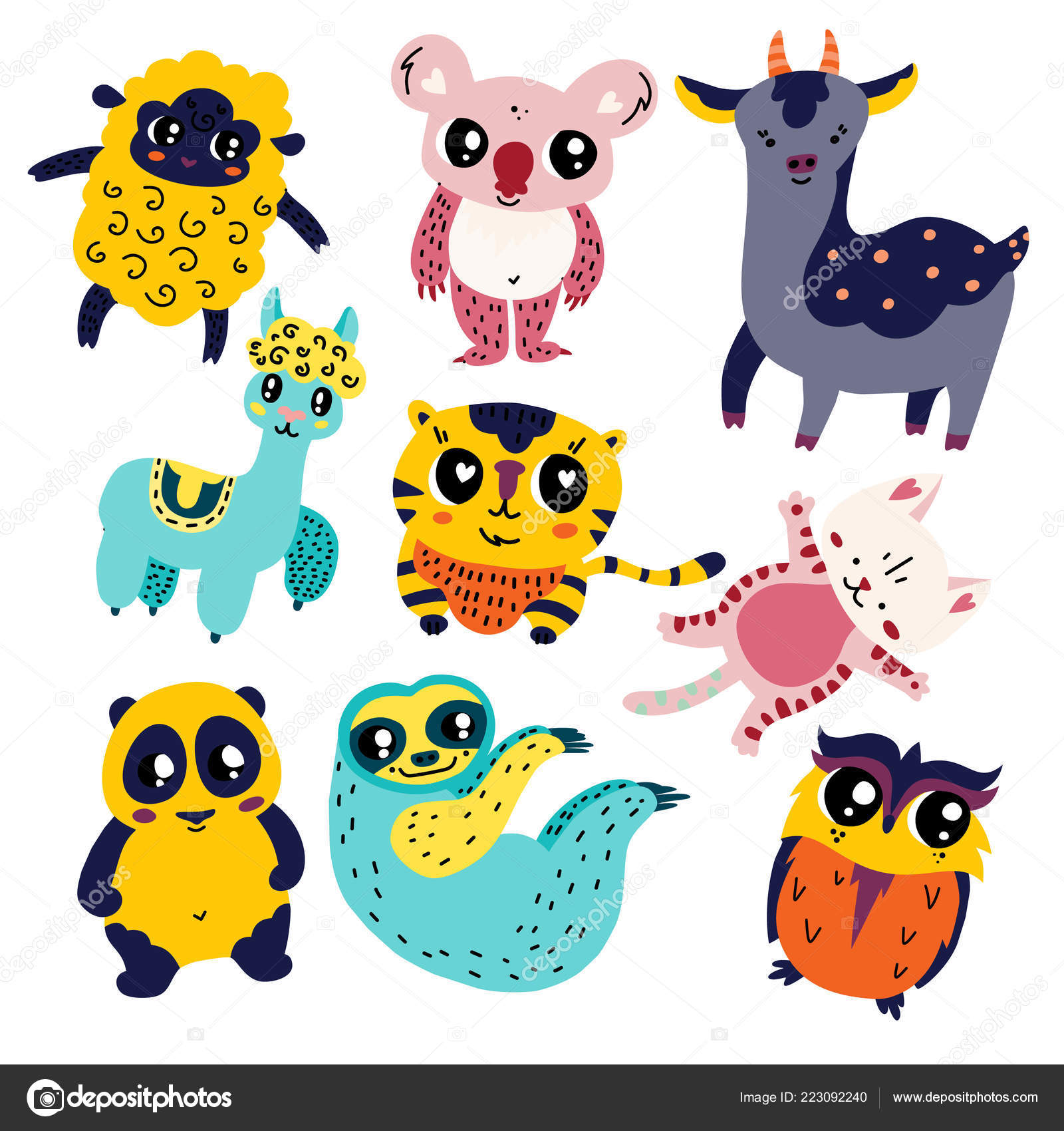 Cute Cartoon Doodle Animal Character Set Children Book Vector