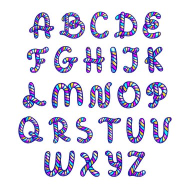 Beyaz arka plan üzerinde izole karnaval şeker kamışı yazı tipi. Festival alfabe karakteri. Lolipop yazı vektör illustrataion karikatür. Tatlı lolly alfabe. Karamel Noel abc sembolleri. 