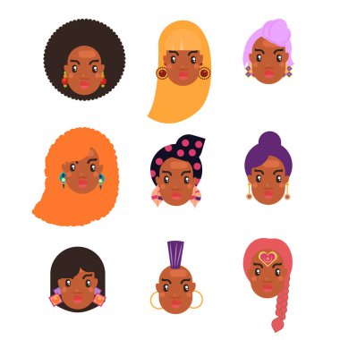 Siyah deri kadın saç modelleri ve aksesuarları simgeler kümesi. Düz renkli avatar koleksiyonu. Karakter ayrıntıları. Afrika tarzı