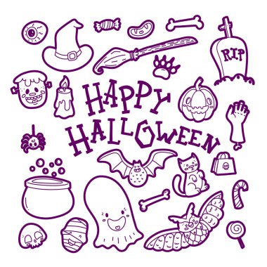 Arka plan tasarımı ile ürkütücü ve büyülü şey basit mor simgeler vektör ve Cadılar Bayramın kutlu olsun diliyorum