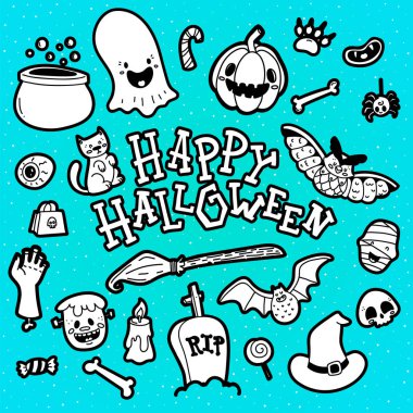 Ürkütücü şeyler mutlu Cadılar Bayramı mesajı mavi zemin üzerine beyaz simgeleri