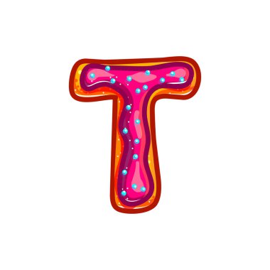 Sır ve konfeti ile harf T. bisküvi. Tatlı çörek ekmek yazı tipi. Noel kurabiyeleri. Beyaz arka plan üzerinde izole vektör karikatür alfabe. El renkli resimde çekilmiş. 