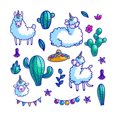 Llamas karakter çizilmiş vektör renk çizimler set el. Karikatür llamacorn, kaktüs, Meksika şapkası, Festival süsleri. Lama, alpaka, koyun doodle cliparts toplama. Meksika kültür tasarım öğeleri