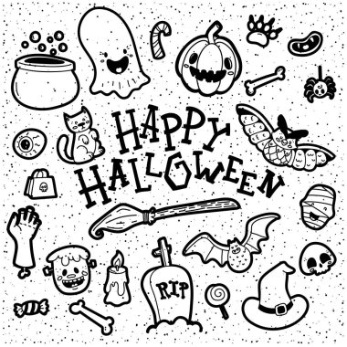 Siyah ve beyaz vektör şablon oluşan ürkütücü öğelerle mutlu Halloween söyleyerek poster /