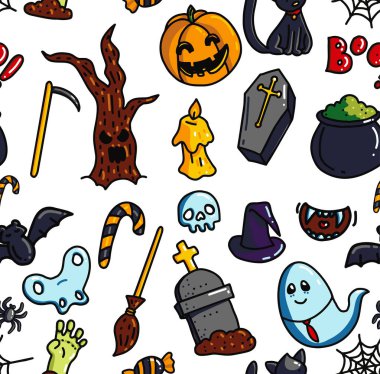 Cadılar Bayramı seamless modeli. Ekim şenlikli renkli karikatür arka plan. Komik tatil vektör çizim. Kabak, kafatası ve zombi doodle