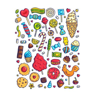 Çizgi film büyük set doodle formu şeker ve tatlılar. Lolipop, pamuk, çörek ve çizgili karamel. Renkli pasta. Cadılar Bayramı için popüler tatlı tatlılar