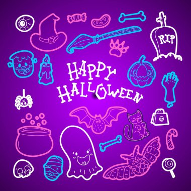 Mutlu Cadılar Bayramı kartı mor zemin üzerine neon yaldızlı malzemeler ile çok renkli vektör tasarımı