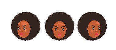 kadın avatar siyah deri ve kıvırcık daire saç ile farklı açılarda ayarlayın. Vektör çizim sosyal medya için