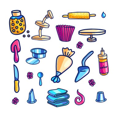 El pasta dekorasyon aletleri çizilen renk çizimler kümesi. Pişirme ve malzemeleri krema kek doodle. Fırın malzeme clipart toplama. Ekmek, kek yapma. İzole şekerlemeler vektör tasarım öğeleri