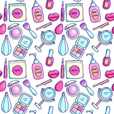 Güzellik kozmetik Dikişsiz desen arka plan sağlayın. kadın tedavi design.repeating dekoratif wallpaper.fashion yazdırma vektör çizim kadar yapmak.