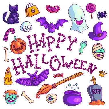 Farklı tatil öğeleri ve ileti Cadılar Bayramın kutlu olsun beyaz arka plan üzerinde izole yaratıcı çok renkli kartı