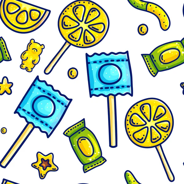 Caricature Colorée Doodle Avec Contours Bonbons Sucrés Fond Motif Sans — Image vectorielle