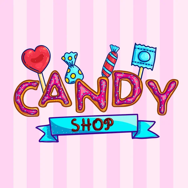Graphic Design Candy Shop Lettering Composition Sweets Striped Background — Stock Vector
