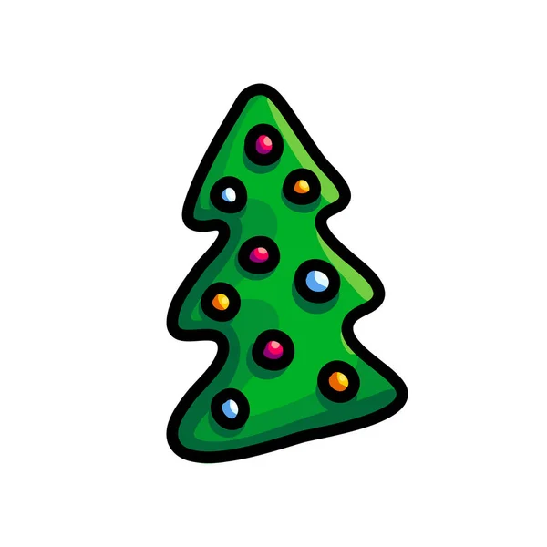 ストロークと白い背景で隔離のカラフルな漫画クリスマス ツリー モミの木と子供の本 グリーティング カードのイラスト シンプルな明るいスプルース — ストックベクタ