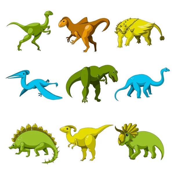 Мультяшный Набор Иконок Динозавров Векторная Иллюстрация Инсультом Персонаж Древней Рептилии — стоковый вектор