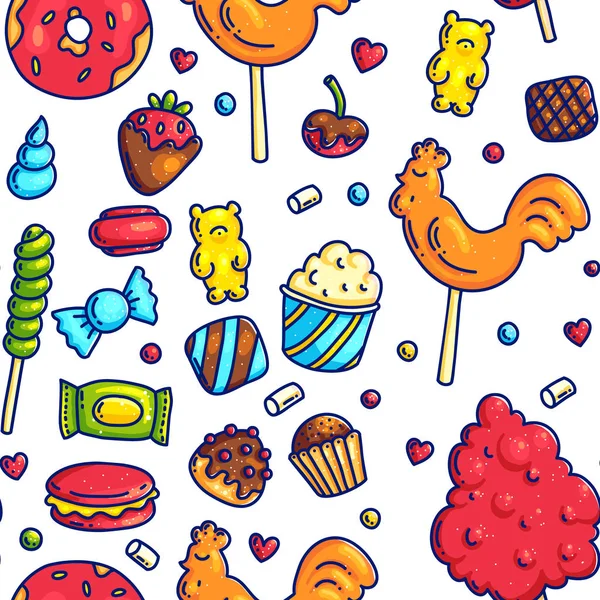 Πολύχρωμο Κινούμενα Σχέδια Doodle Περιγράμματα Γλυκά Καραμέλες Seampless Μοτίβο Φόντου — Διανυσματικό Αρχείο