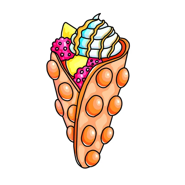 Kabarcık gözleme renk el vektör çizim çekilmiş. Yumurta Gözleme dondurma külahı meyve ile. Hong Kong gofret krema ve şurubu ile doodle. Şekerleme menü izole karikatür tasarım öğesi