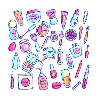 Kozmetik çizilmiş vektör renk çizimler set el. Makyaj ve güzellik kaynağı cliparts doodle. Çizgi film krem, ruj, deodorant, parfüm, maskara. Yüz ve vücut bakım izole tasarım öğeleri