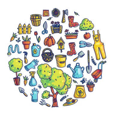 Elle çizilmiş vektör çizimler set Bahçe. Ekim ve Bahçe Araçları cliparts karikatür. Ayıklayacaktır, hasat, sulama kaynağı. Peyzaj doodle öğeleri. Bahçe bitkileri renk arka plan yuvarlak