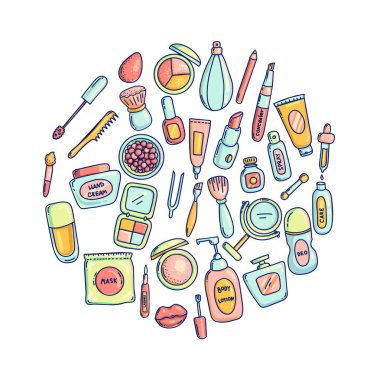 Kadın kozmetik el çizilmiş karikatür vektör çizim etiket. Icons set şeklinde daire