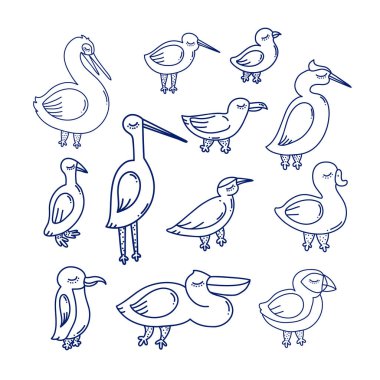 Çizgi film doodle deniz kuşu vektör çizim. 