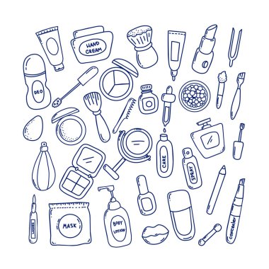 Kadın kozmetik el çizilmiş karikatür vektör çizim etiket. Satır Icons set