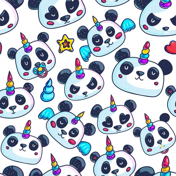 Barevné Kouzelné Jednorožce Panda Rainbow Roh Izolovaných Bílém Pozadí — Stockový vektor
