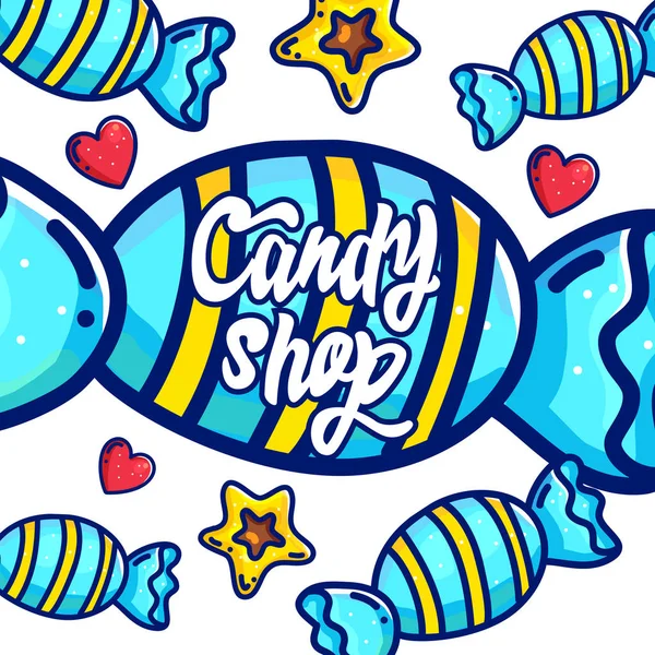 Candy Loja Mão Desenhada Ilustração Vetorial Caligrafia Lettering Fundo Doces — Vetor de Stock