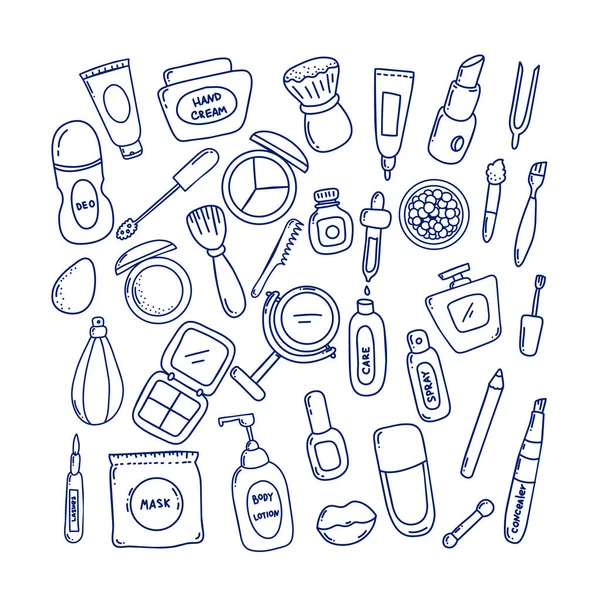 Kadın kozmetik el çizilmiş karikatür vektör çizim etiket. Satır Icons set