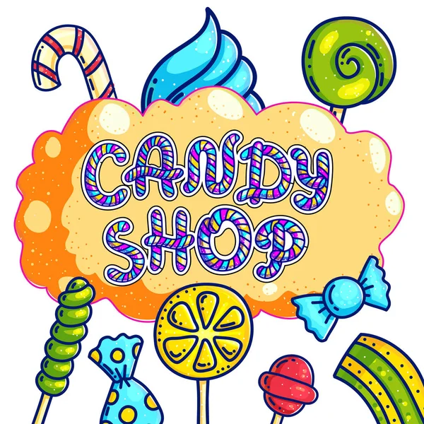 Candy Loja Mão Desenho Vetor Logotipo Design Letras Doces Chiclete — Vetor de Stock
