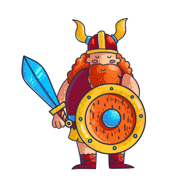 Viking Διάνυσμα Καρτούν Χαρακτήρα Χέρι Που Βίκινγκ Σπαθί Ασπίδα Γενειάδα — Διανυσματικό Αρχείο