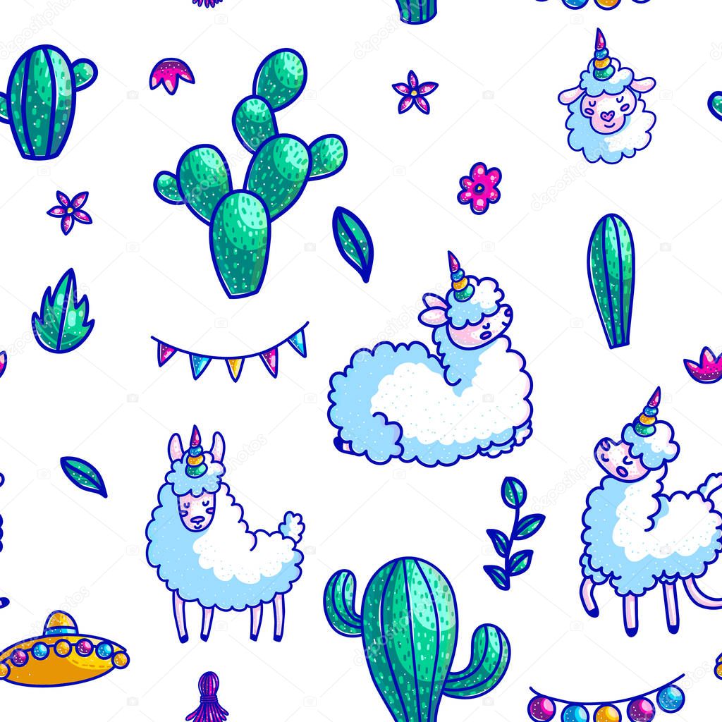 Llamas characters hand drawn vector seamless pattern. Lama, cactuses, mexican hat and festive decorations cartoon texture. Cute llama, alpaca doodle cliparts. Mexico culture color background fill
