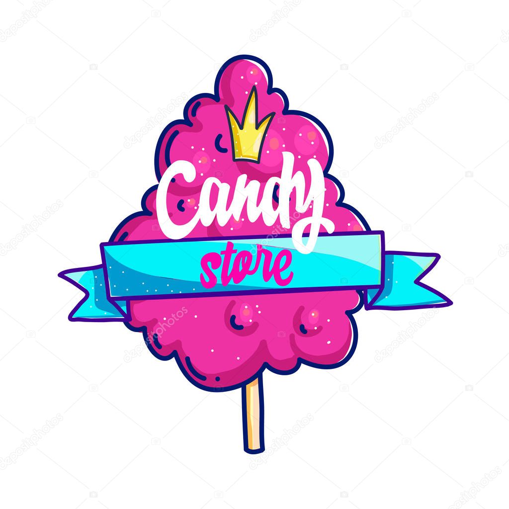 Candy shop hand drawn vector logo design. Calligraphy lettering on cotton candy for sweets bar sign board. Colorful cafe, sweets store label, sticker, clipart. Cartoon isolated logotype template