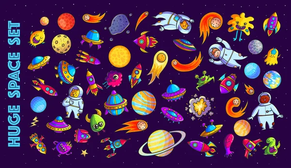 Espacio Dibujado Mano Ilustraciones Vectoriales Dibujos Animados Conjunto Doodle Astronautas — Vector de stock