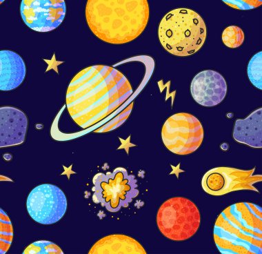 Alan el çizilen renk seamless modeli. Doodle güneş sistemi. Çizgi film ay, kuyruklu yıldız, asteroit, şimşek, patlama, yıldız ve gezegenler. Kozmik koleksiyonu. Astronomi izole çocuk vektör tasarım öğeleri için