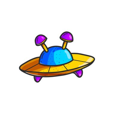 Çizgi film uçan daire çizilmiş renk şekil ver. Şirin Ufo. Uzay mekiği cliparts. Uzay gemisi doodle. Uzaylılar. Uzay aracı etiket. Kozmik yama. İzole vektör tasarım öğesi